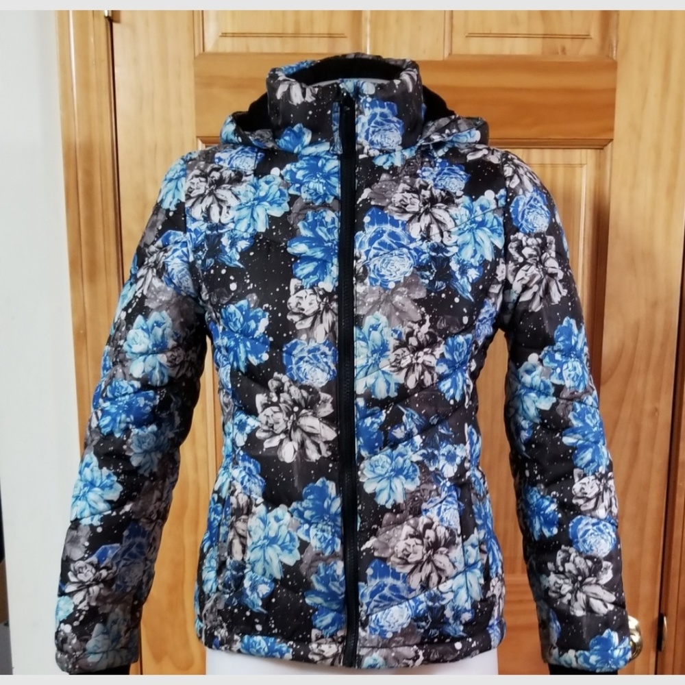 Blue and Black Flowered Winter Jacket with Hood